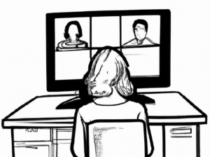 AI-generated image for "what is a mentoring program" of a woman sitting at a computer desk on a video call to two other people