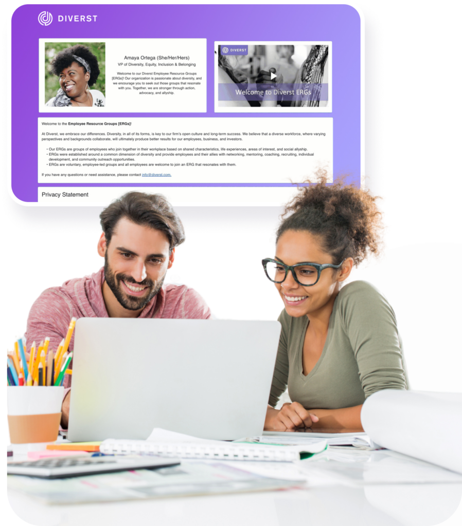 A smiling man and woman working together at a white desk with a laptop, stationery, and documents. In the background, a digital overlay shows a webpage from 'Diverst' with text about employee resource groups and a welcome message.